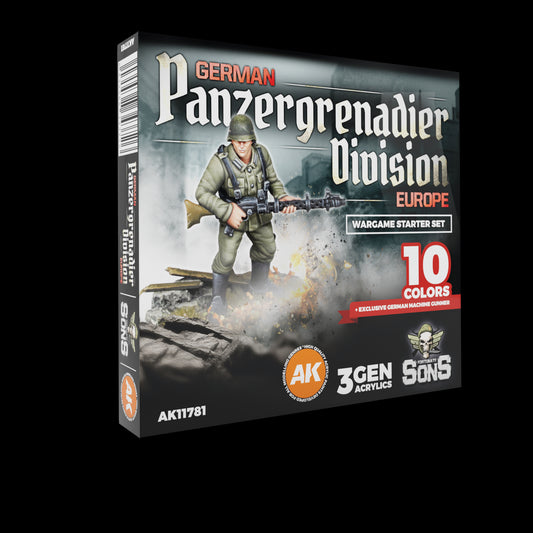 AK Interactive German Panzergrenadier Division Europe - Starter Set (10 Colors + Exclusive Figure German Machine Gunner)