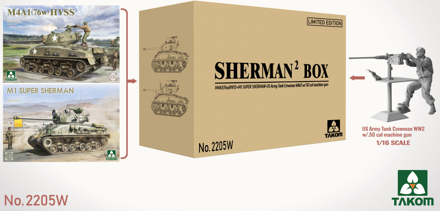 Takom 1/35 SHERMAN BOX M4A1(76W) HVSS+M1SUPER SHERMAN+US Army Tank Crewman WW2 w/.50 cal machine gun