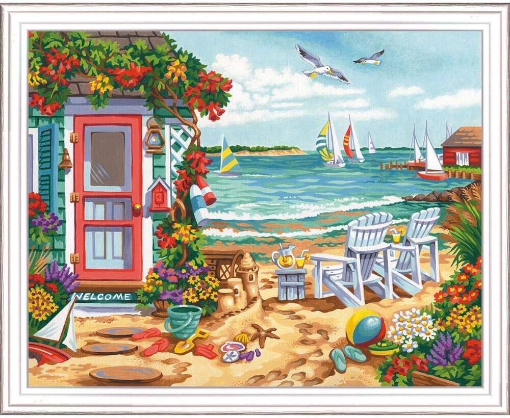 Summertime Inlet (Beach, Chairs, House, Sailboats) Paint by Number (14"x11")