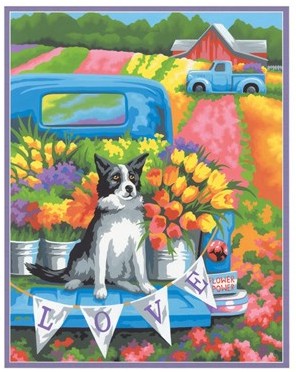 Flower Power Dog in Back of Pickup Truck Paint by Number