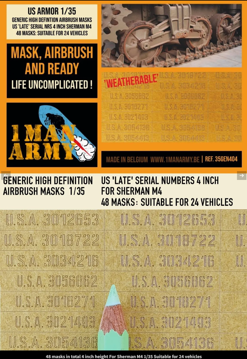 1ManArmy 1/35 US Late Serial Numbers 4 Inch for Sherman M4 Airbrush Paint Masks
