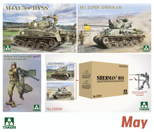 Takom 1/35 SHERMAN BOX M4A1(76W) HVSS+M1SUPER SHERMAN+US Army Tank Crewman WW2 w/.50 cal machine gun